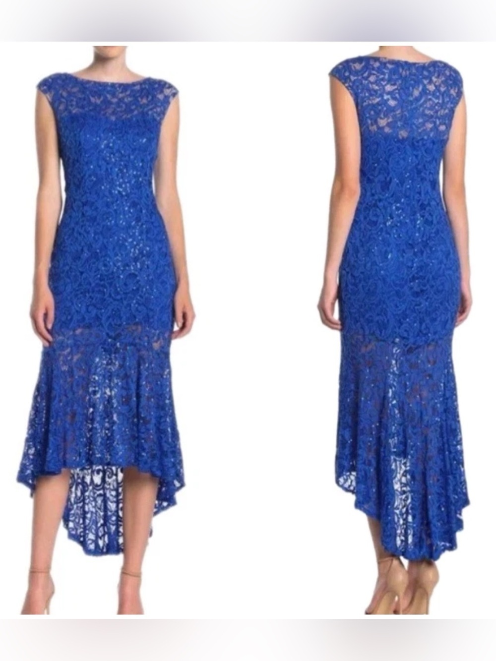 MARINA NWT Royal Blue Lace High-Low Evening Gown Size Medium Allover Sequins New